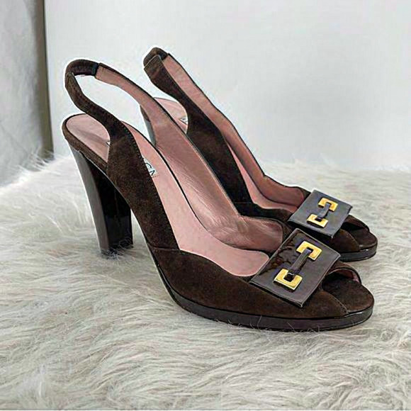 Isaac‎ Mizrahi Brown suede Slingbacks Made In Italy Pumps peep toe Sz 8 - Picture 1 of 8